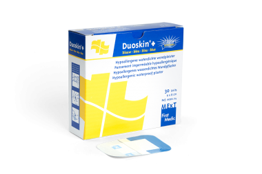 
            Duoskin+ blauw, waterdichte, metaaldetectecteerbare pleister
    